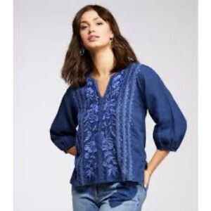 Johnny Was Camille embroidered linen split V-neck 3/4 puff sleeve blouse SMALL